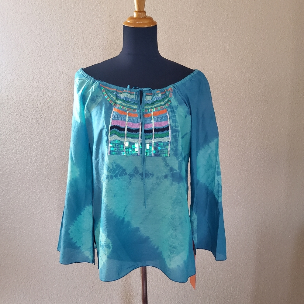 Hale Bob Cabana Silk Embroidered Beaded Tie Dye Peasant Top S Blue New - Picture 2 of 11
